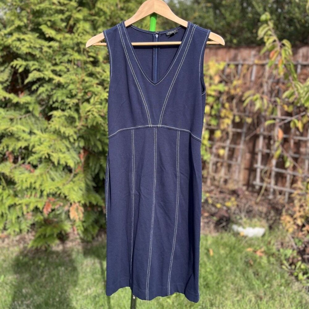 Ann Taylor Factory Navy Blue Sleeveless Sheath Dress White Stitching Size 6